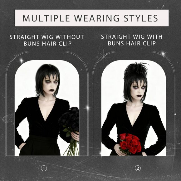 Short Black Wavy Wig with Bangs Bun Hair Clip Pre-styled Gothic - Picture 4 of 5